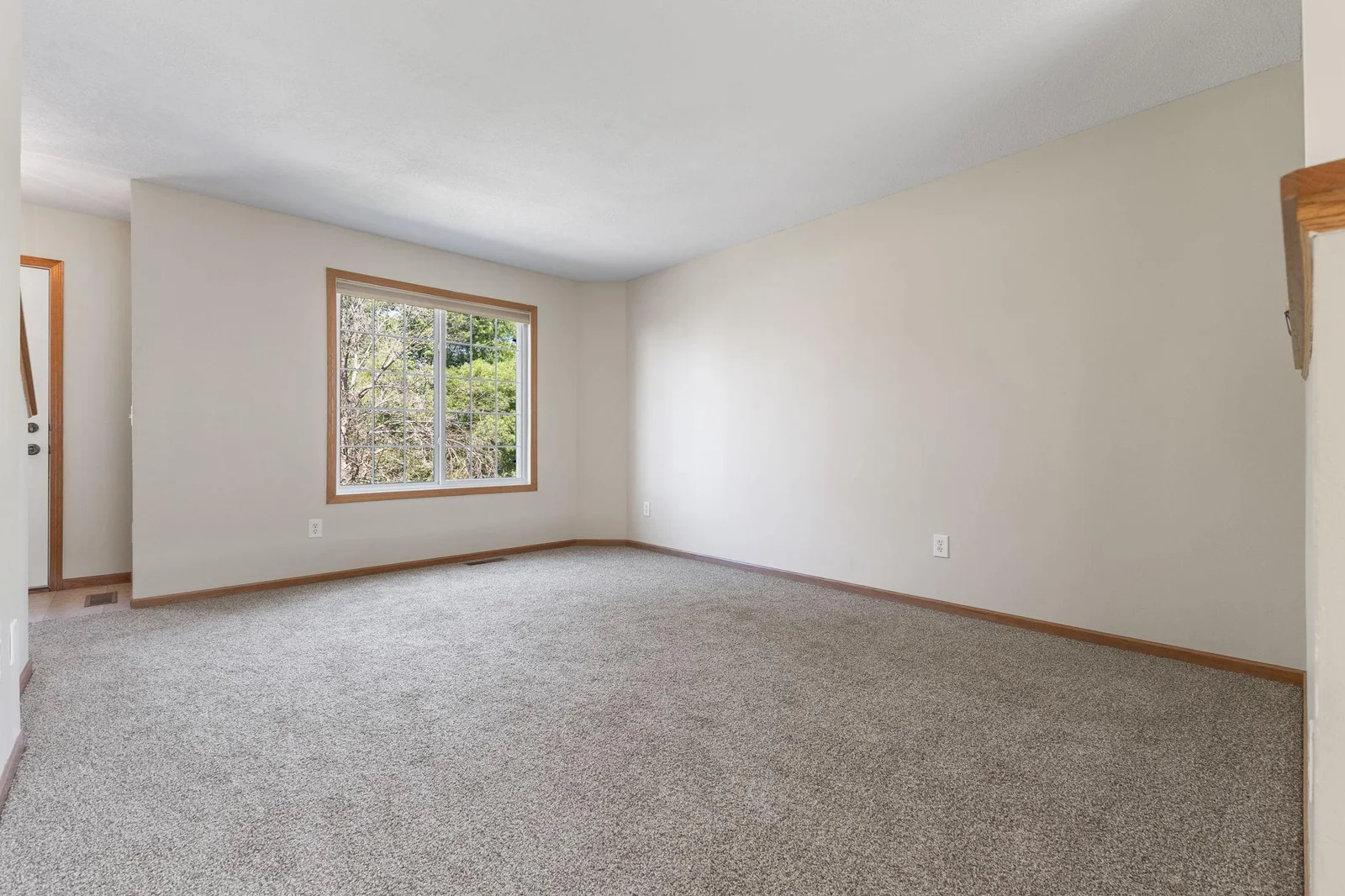 Good Size living room with New Carpet Overlooking Pond