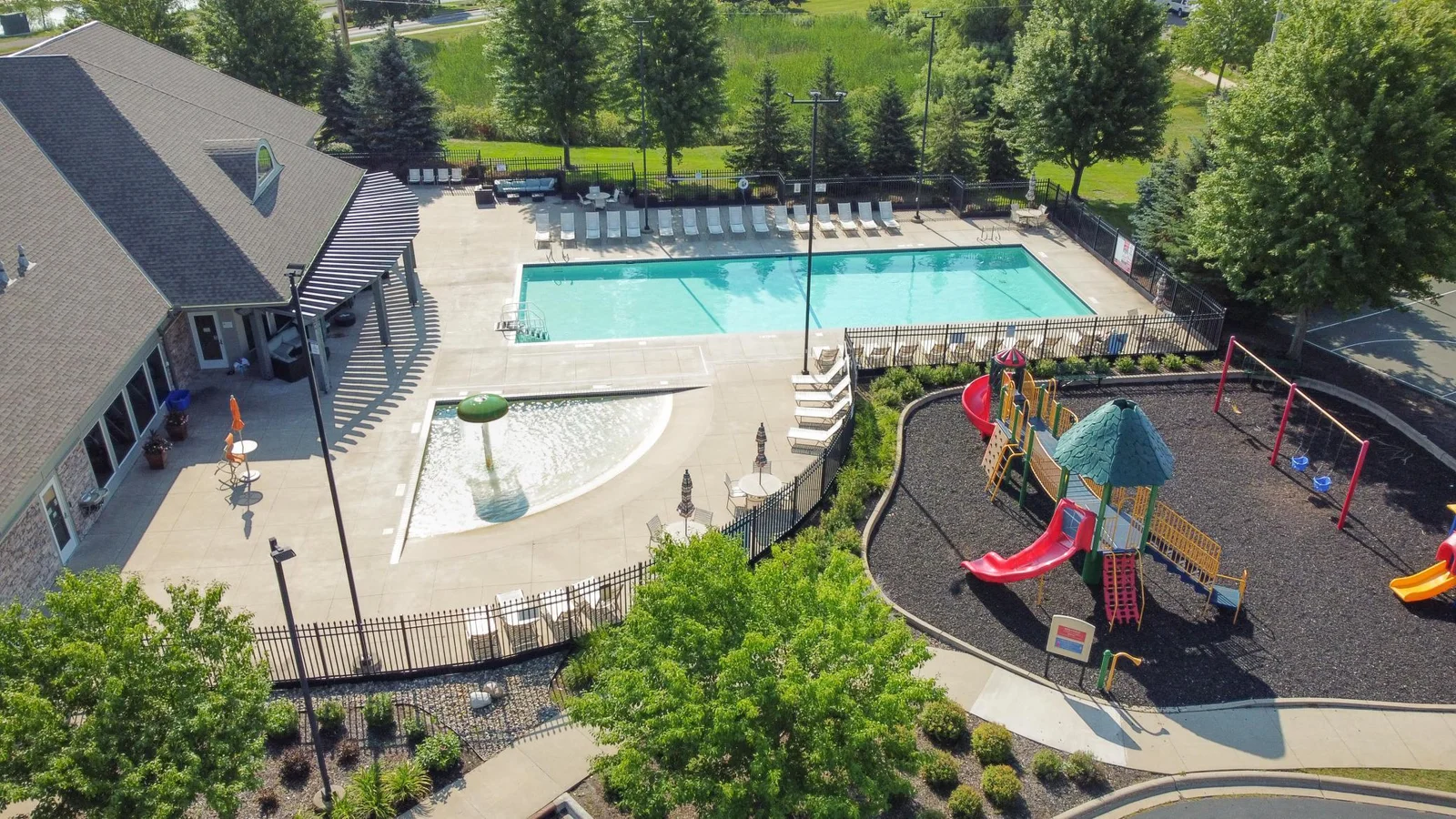 Aerial View of Pool, Splash Pad & Playground