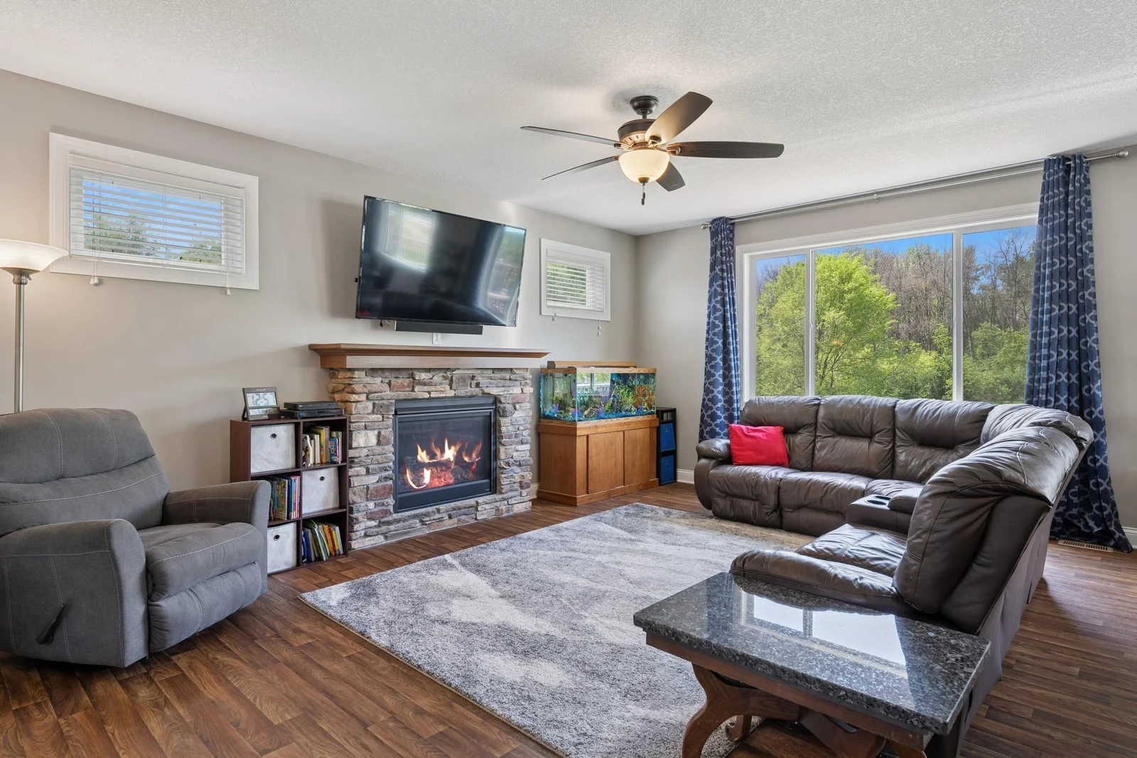 Bright, open main level with gas burning fireplace.