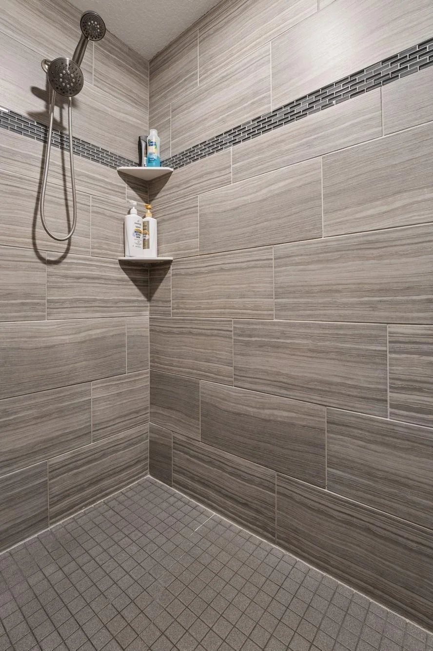 Tiled, walk-in shower