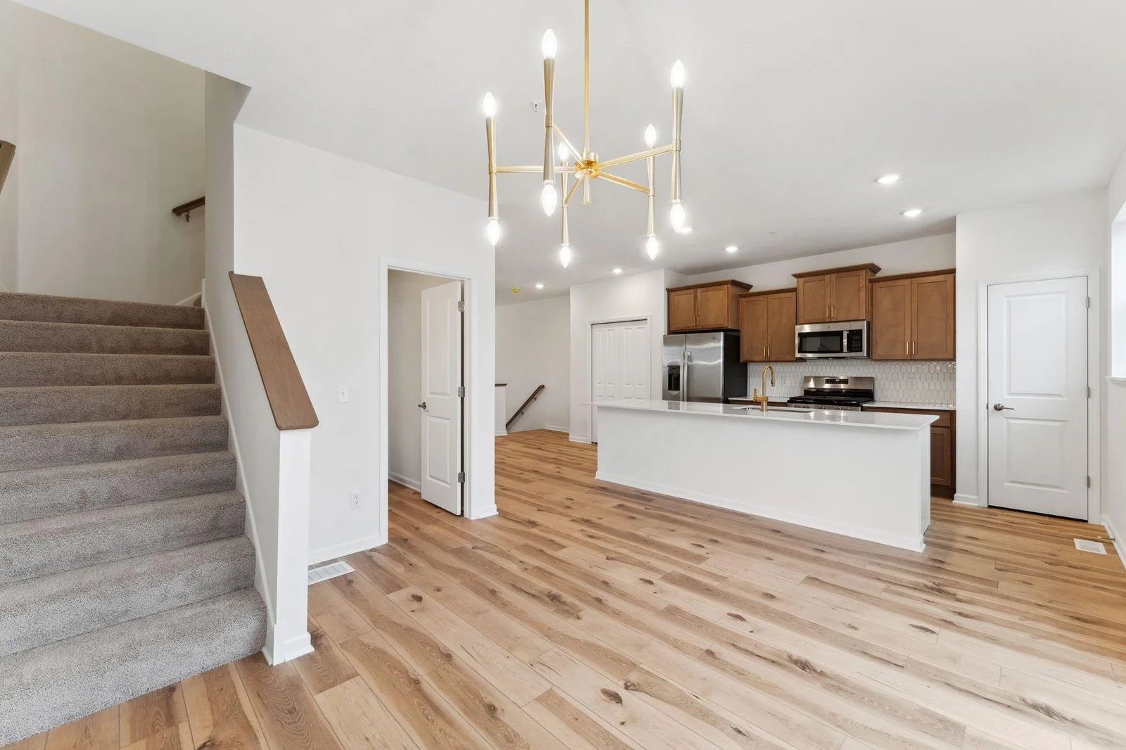 Dining room view of extra long kitchen island