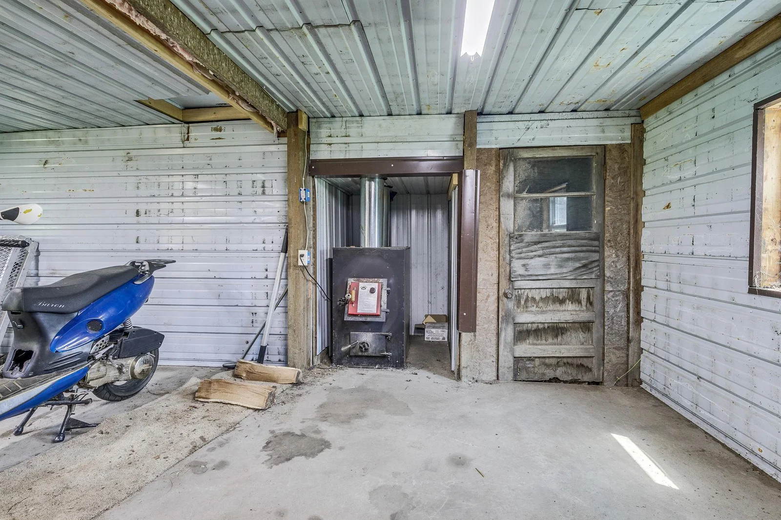 Heated workshop with wood stove