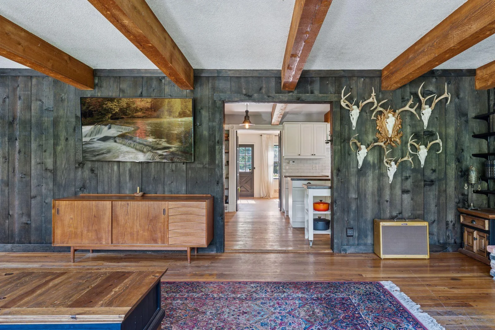The deer mounts in this photo are from the property