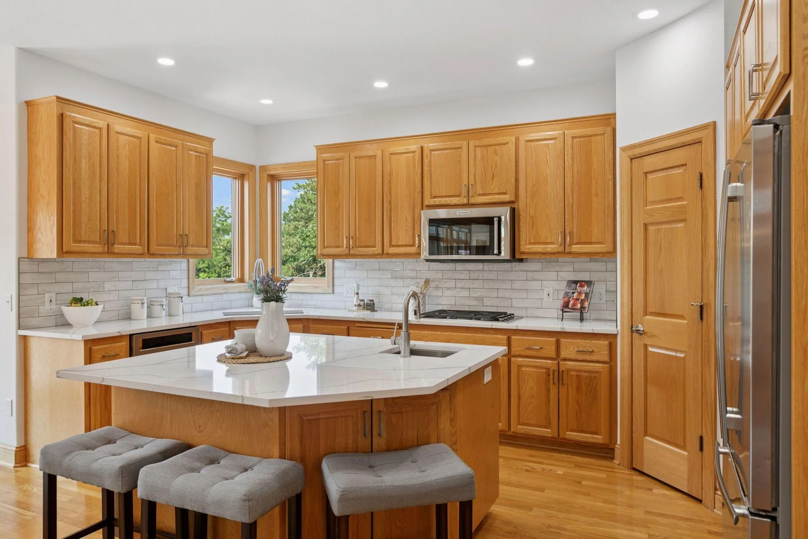 The sleek kitchen island is the perfect place to prepare meals