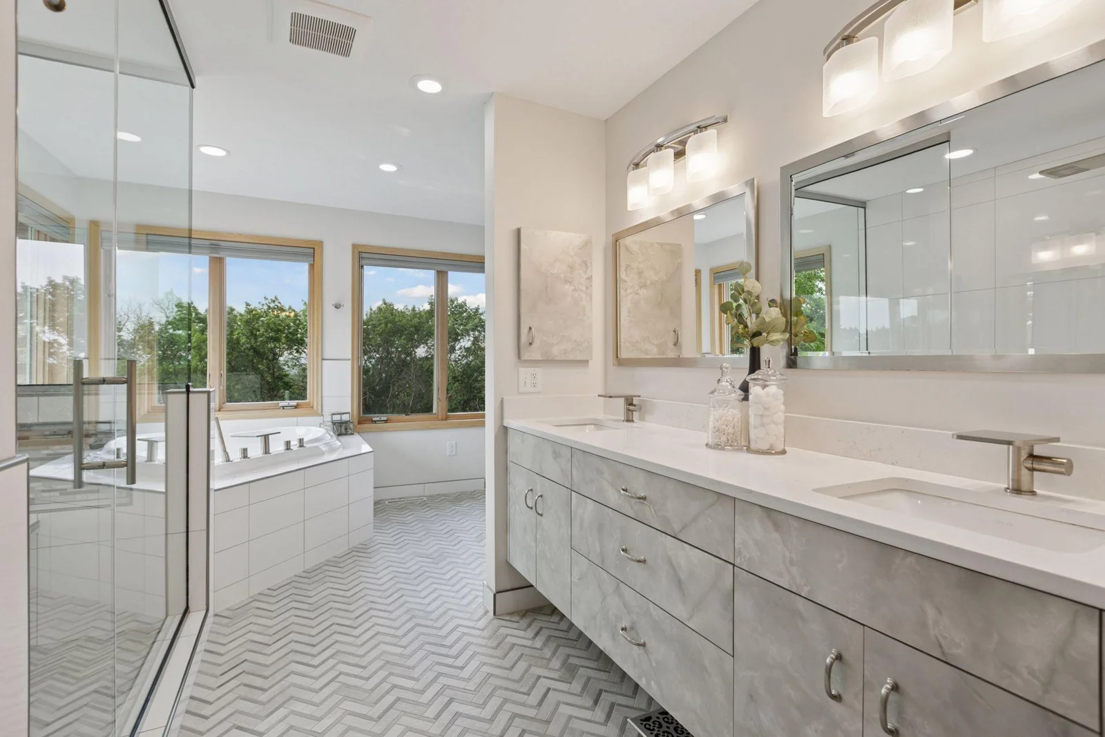A full primary bathroom remodel was completed in 2024 and features a jetted tub and waterfall shower
