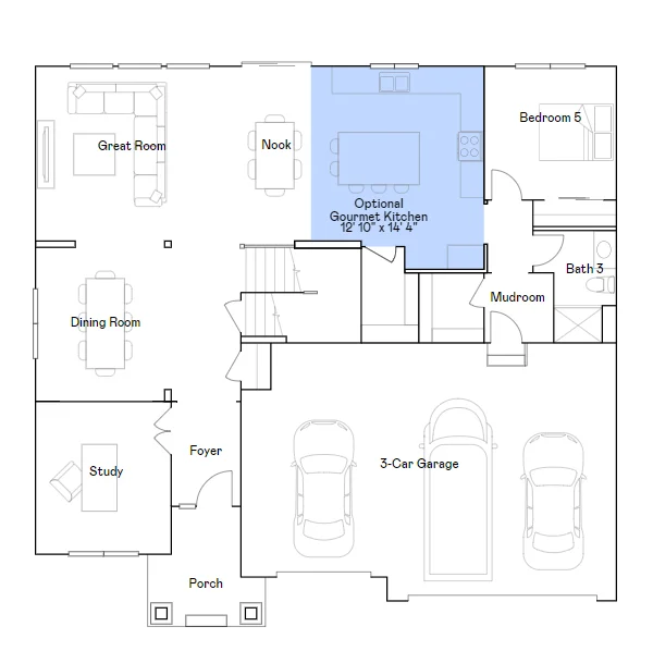 Itasca main level floorplan with gourmet kitchen.