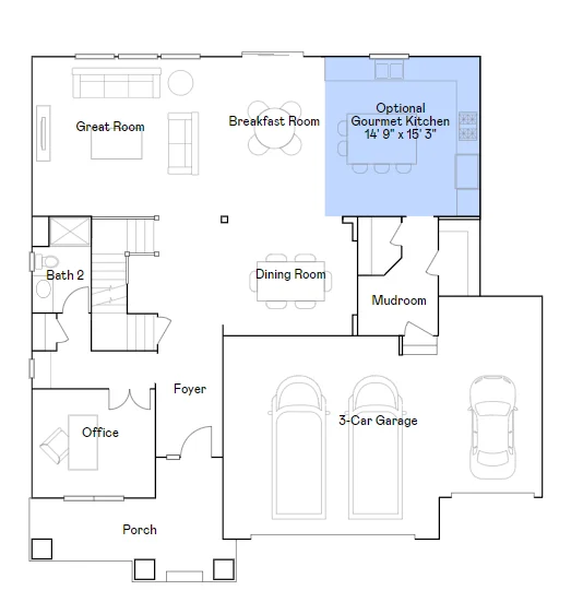 Washburn main level floorplan with gourmet kitchen and center fireplace.