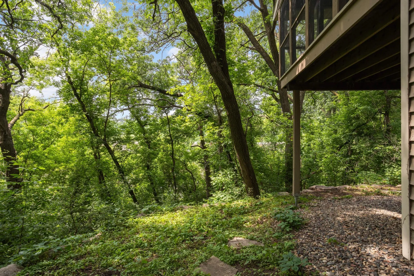 Wooded back area with screen porch seen above