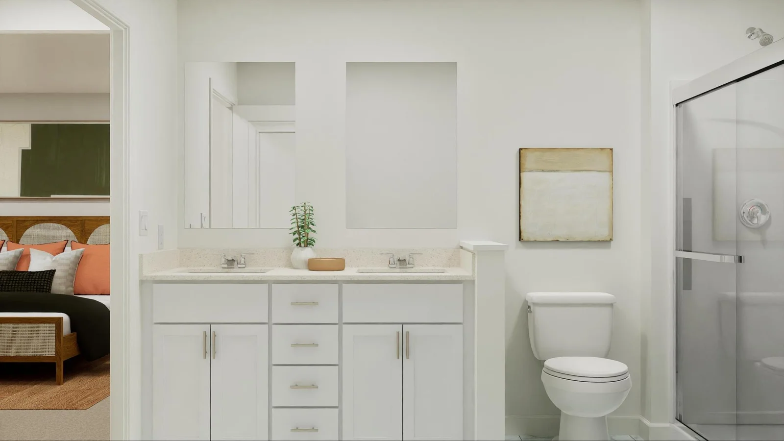 (Photo is of a virtual rendering, actual finishes will vary) The private bathroom includes dual sinks and a glass-enclosed shower to streamline everyday routines