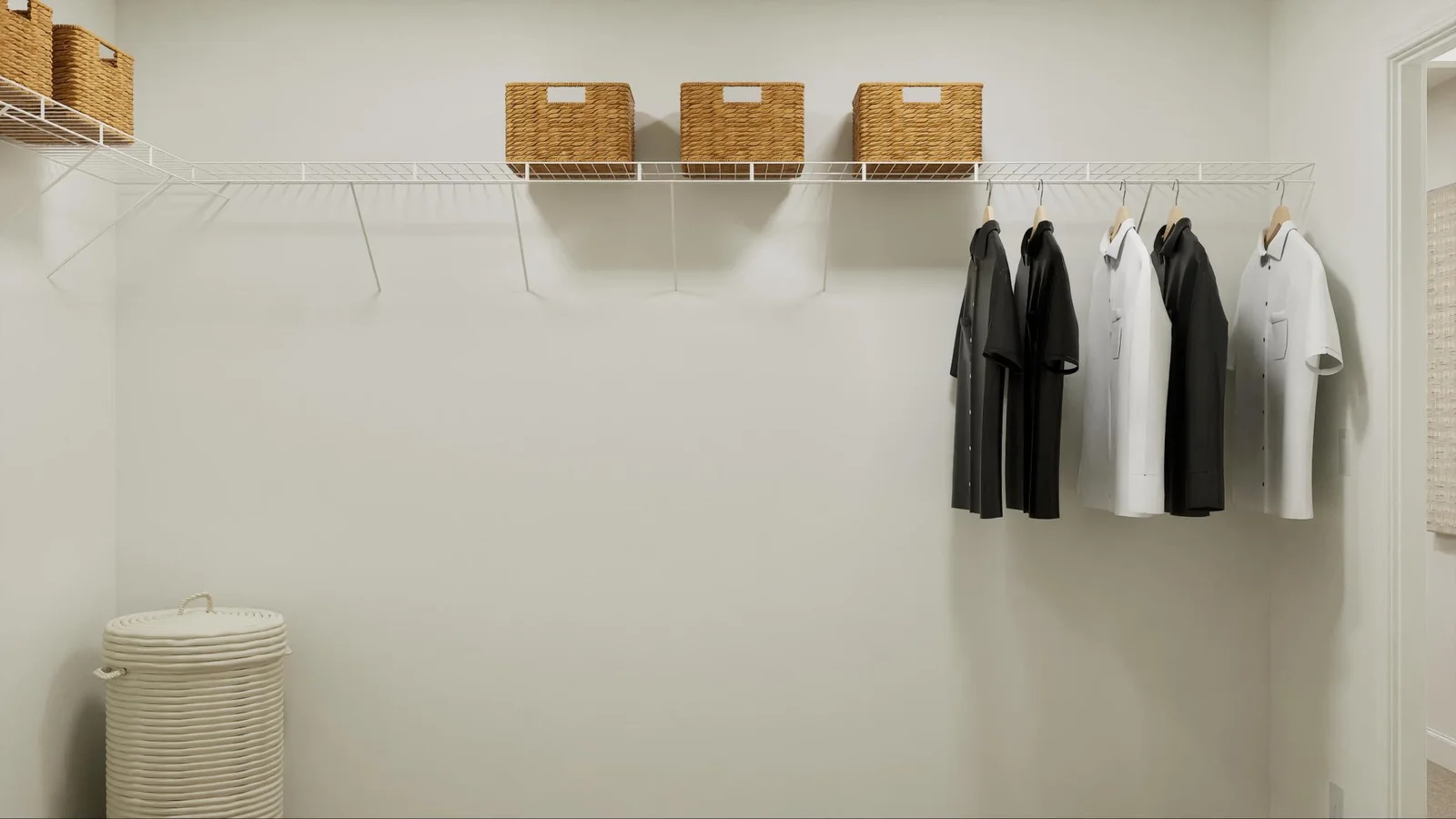 (Photo is of a virtual rendering, actual finishes will vary) Ventilated shelving in the walk-in closet offers plenty of space to store shared or expanding wardrobes