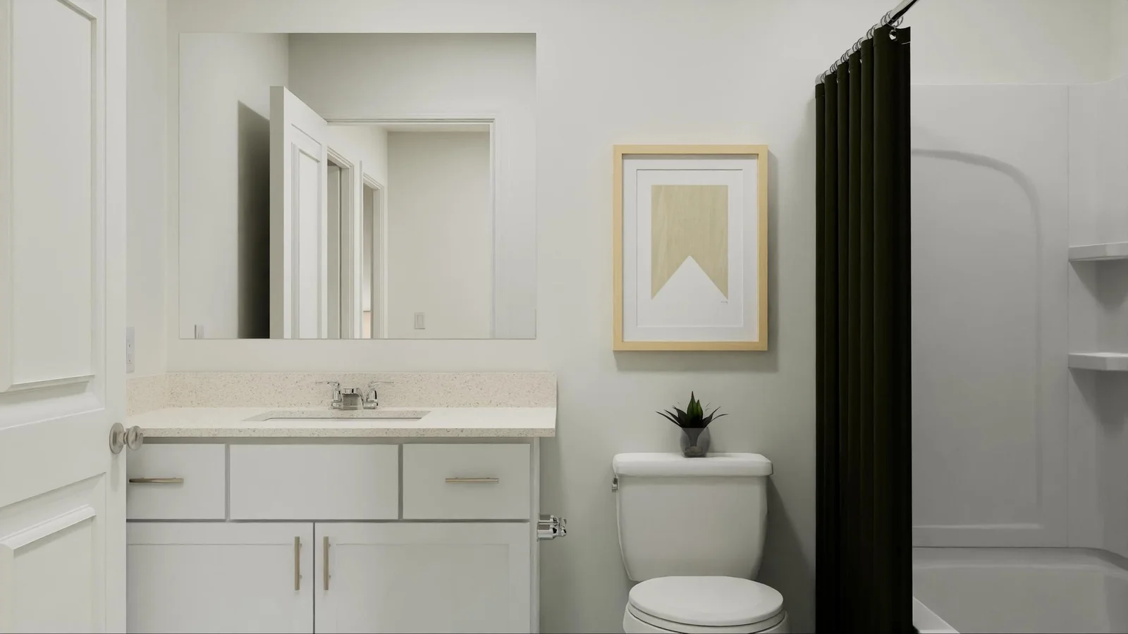 (Photo is of a virtual rendering, actual finishes will vary) This full bathroom is located upstairs near the bedrooms, complete with a single vanity and shower-tub combination.