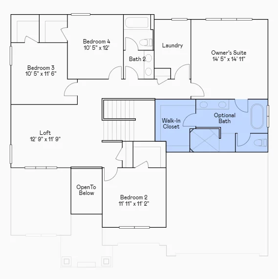 Itasca upper level floorplan with a serenity shower.