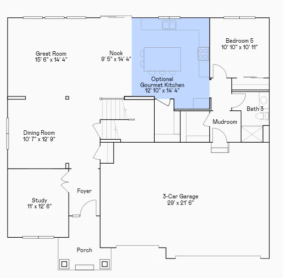 Itasca main level floorplan with a gourmet kitchen.