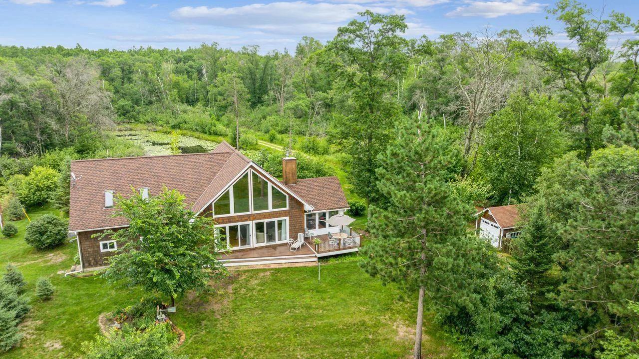Aerial view of house from the lakeside.