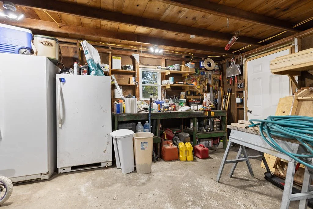 A work bench offers a space to tinker