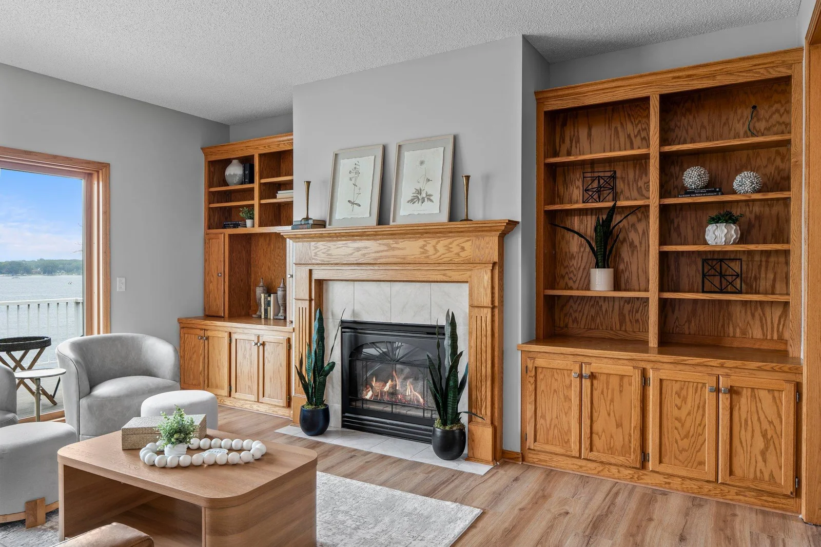 Fireplace anchors the living room