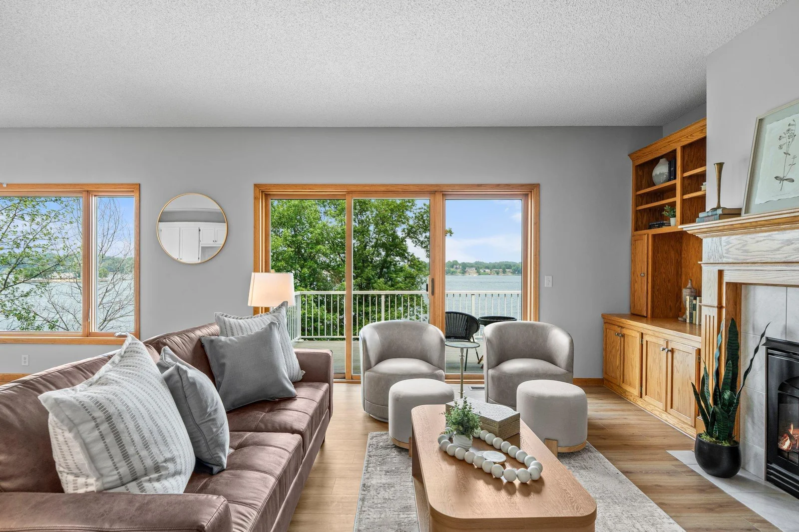 Cozy living room with lake views