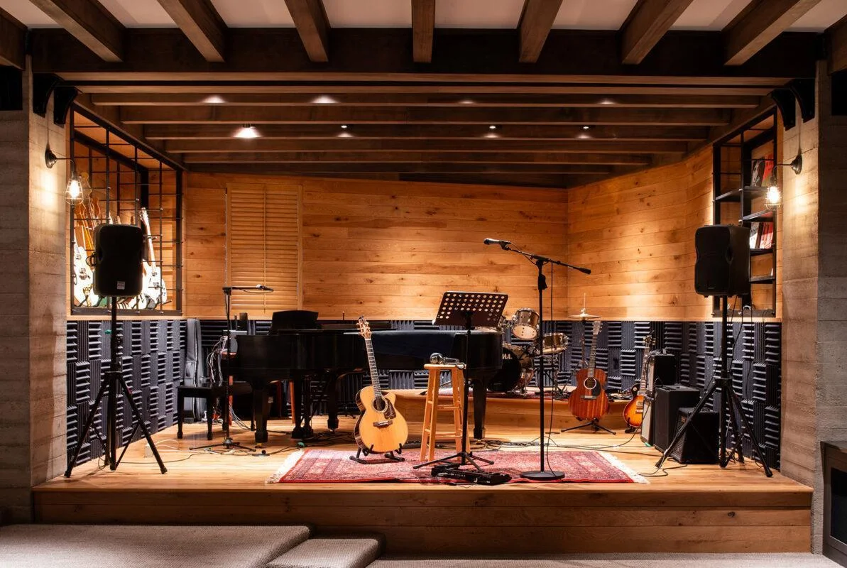 Designed for the performer in you, this stage is a private venue unlike any other.  Photo of a sound stage designed and built by BCD Homes